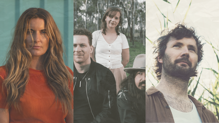 Musicians Laura Hill, Mark Curtis & The Flannelettes, and Ryan Martin John in a split-screen promo poster for the Semaphore Music Festival lineup.